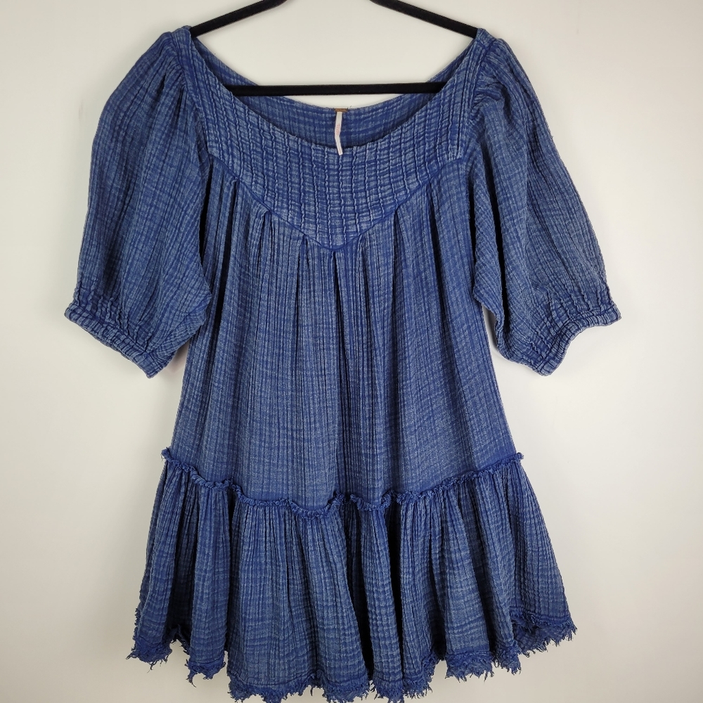 Free People Dress Size S Blue Cotton Gauze Tiered Puff Sleeve Lagen  Boho - Picture 7 of 11